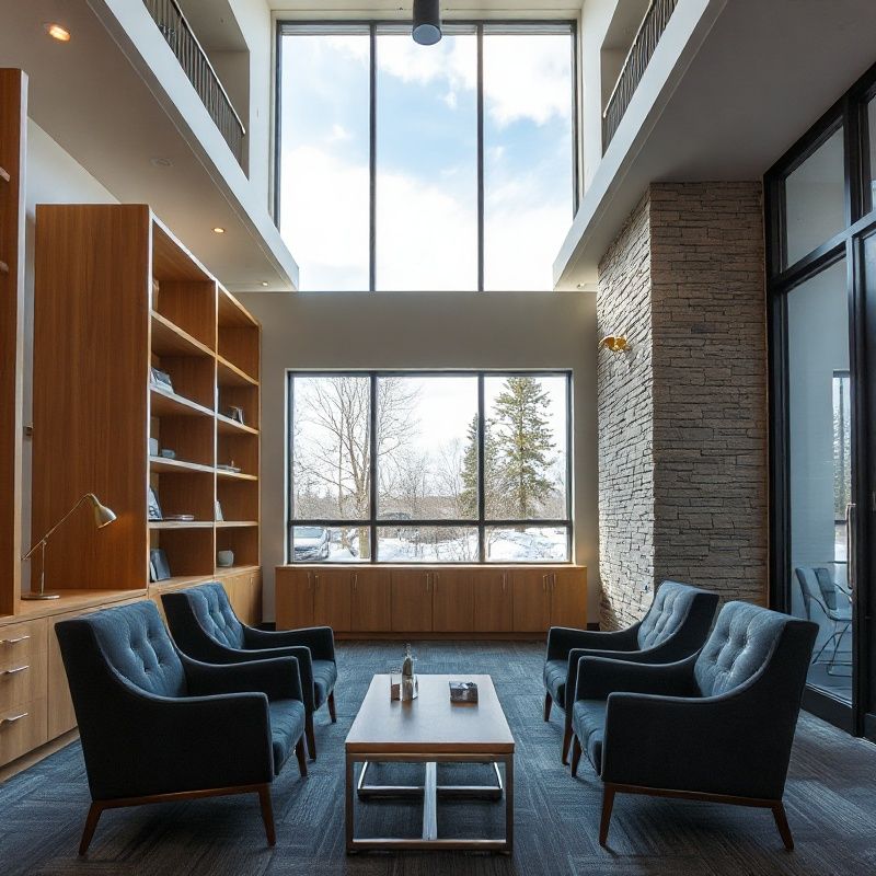 Interior of the Alpharstone Edmonton office with timber shelving and warm lighting