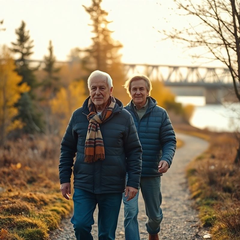 A couple walking along the North Saskatchewan River valley trail in autumn
