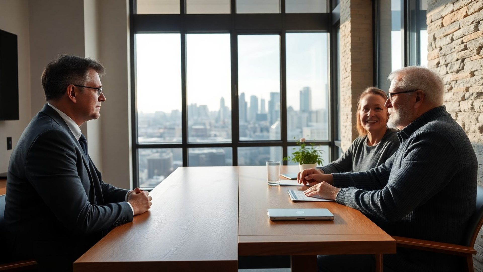 An Alpharstone advisor meeting with a couple in an Edmonton office