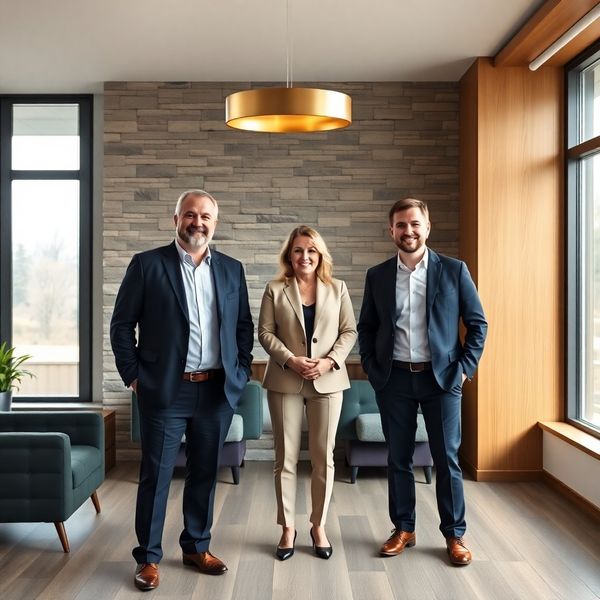 Three Alpharstone financial advisors standing in a bright Edmonton office